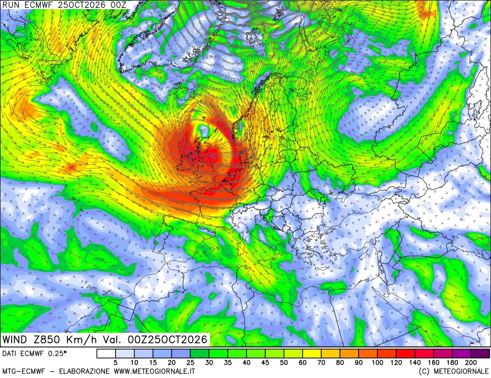 mappa Direzione e forza del vento a 850hPa