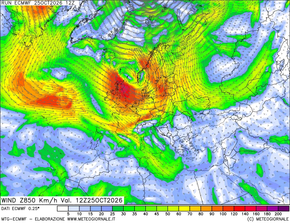 mappa Direzione e forza del vento a 850hPa