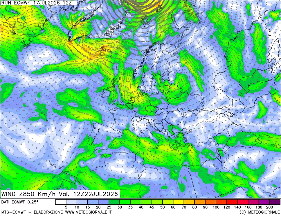 mappa Direzione e forza del vento a 850hPa