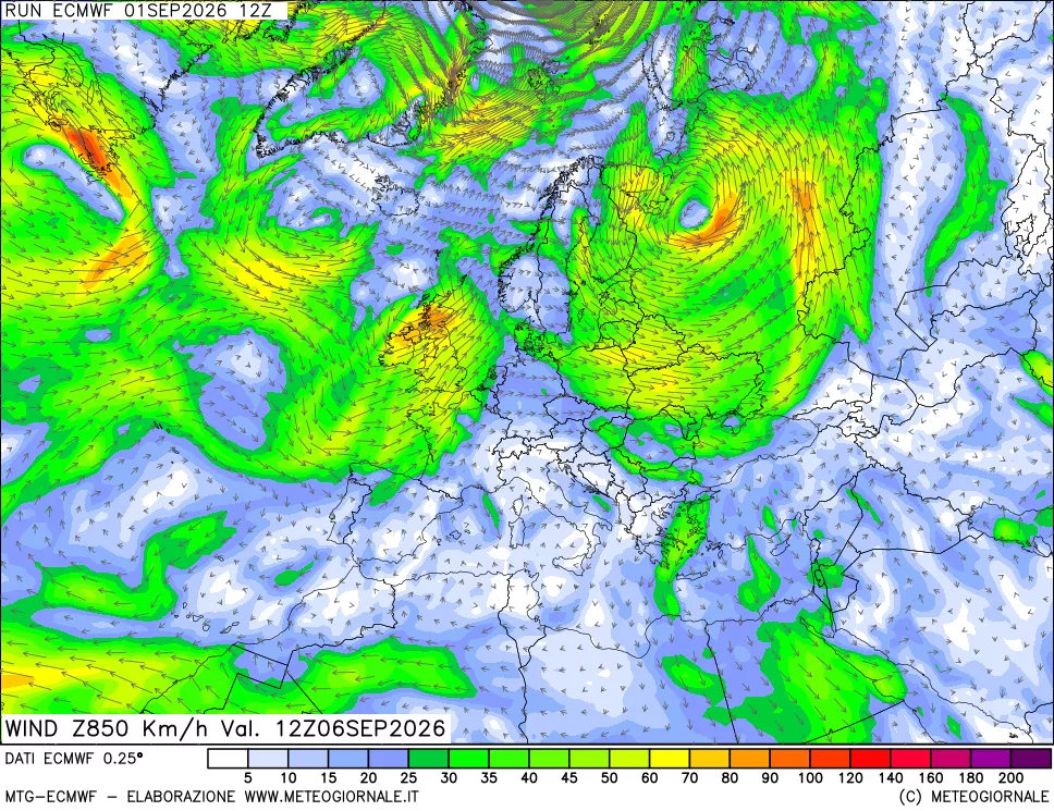 mappa Direzione e forza del vento a 850hPa