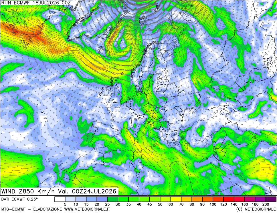 mappa Direzione e forza del vento a 850hPa