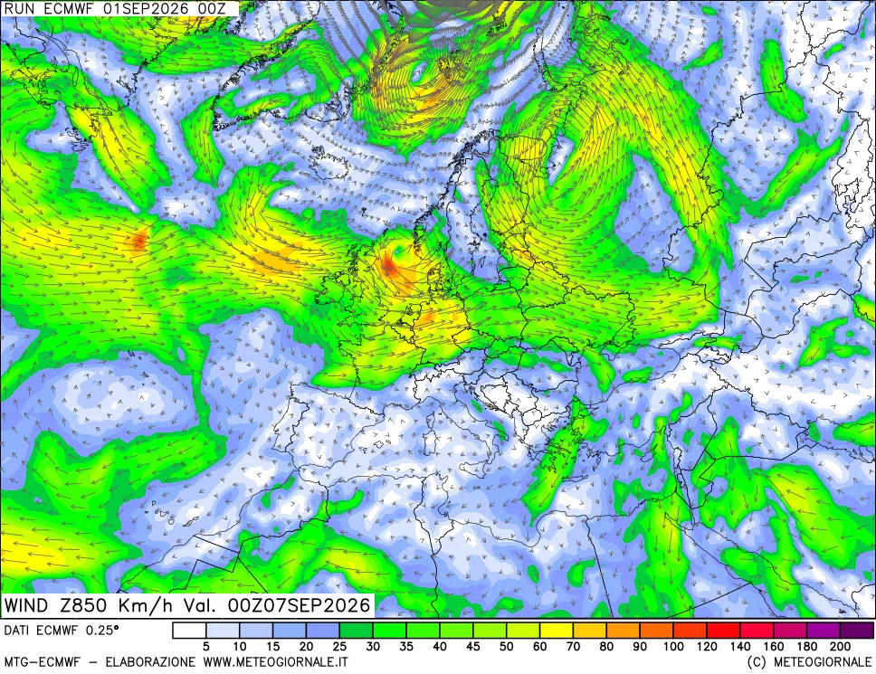 mappa Direzione e forza del vento a 850hPa