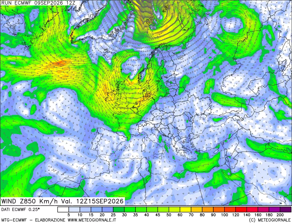 mappa Direzione e forza del vento a 850hPa