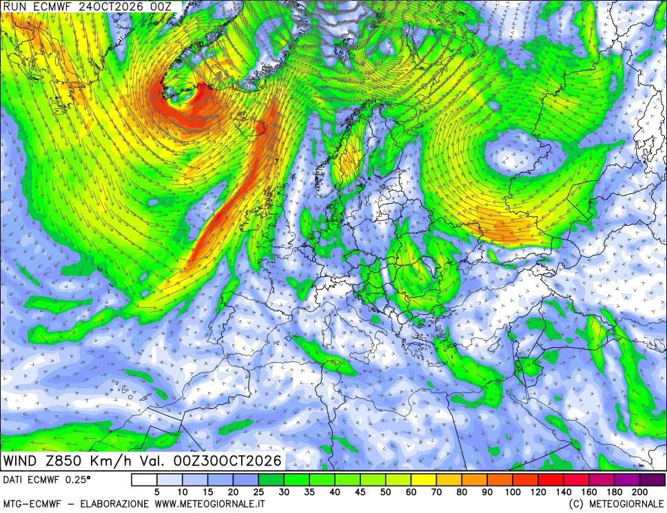 mappa Direzione e forza del vento a 850hPa