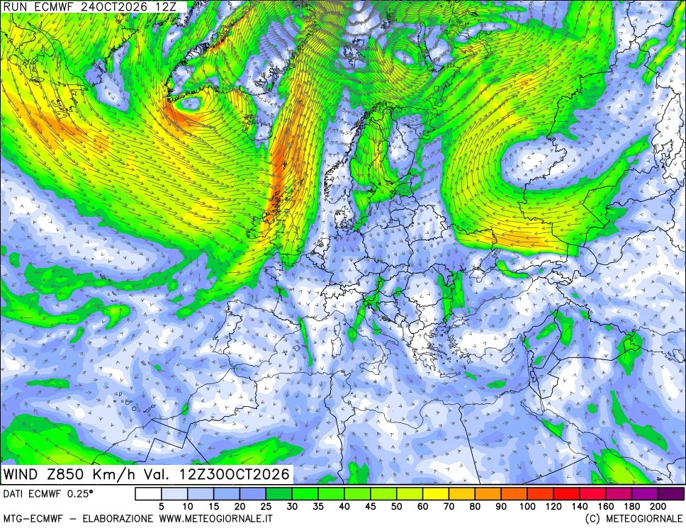mappa Direzione e forza del vento a 850hPa