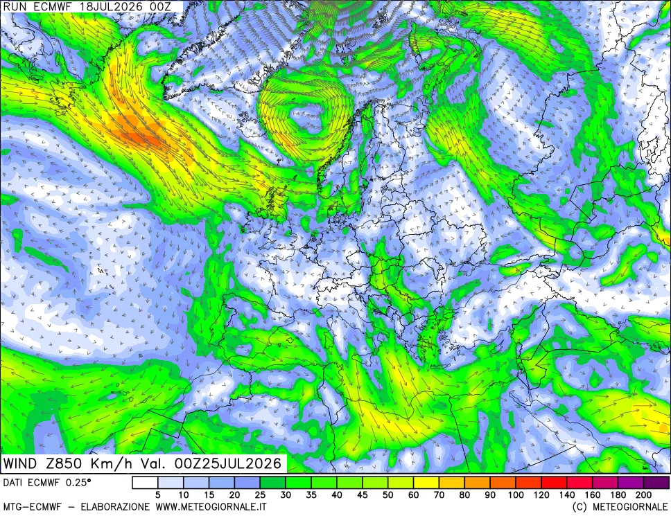 mappa Direzione e forza del vento a 850hPa
