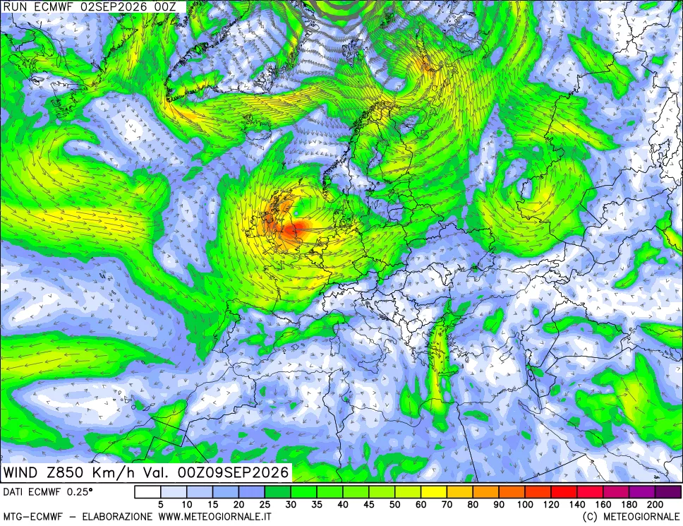 mappa Direzione e forza del vento a 850hPa