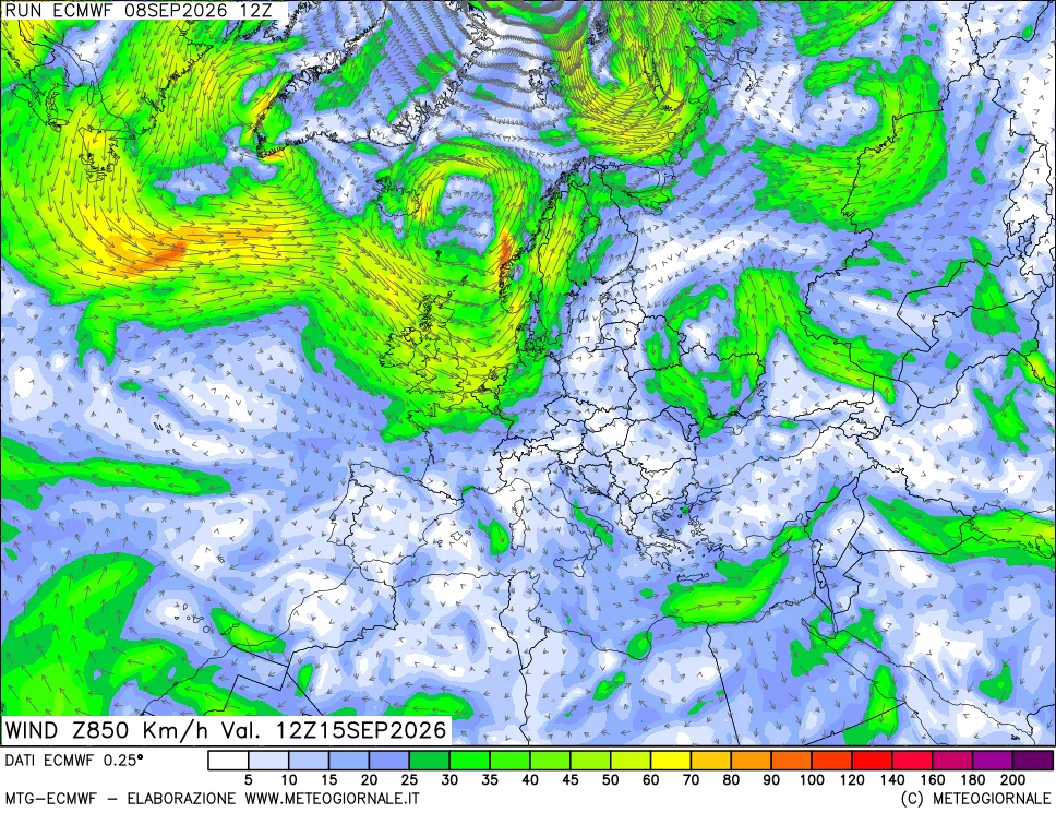 mappa Direzione e forza del vento a 850hPa