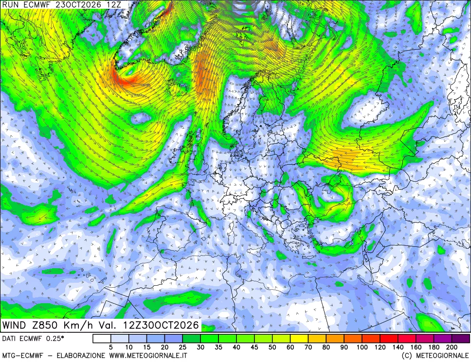 mappa Direzione e forza del vento a 850hPa