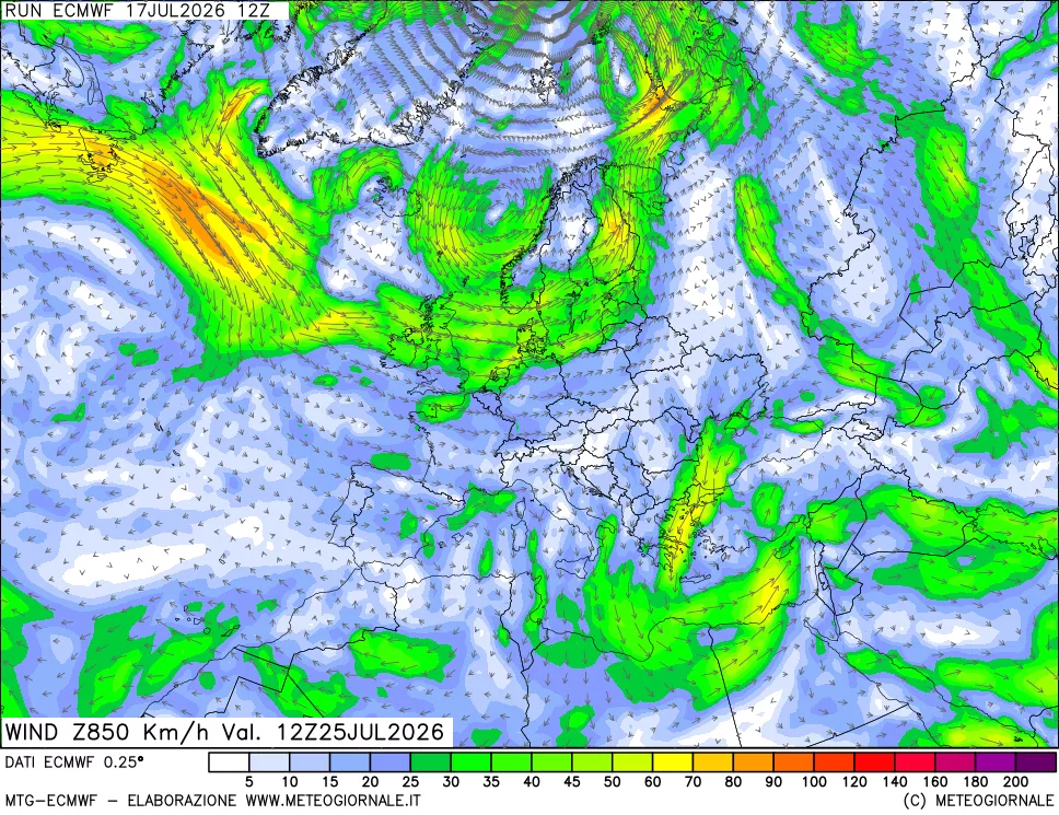 mappa Direzione e forza del vento a 850hPa
