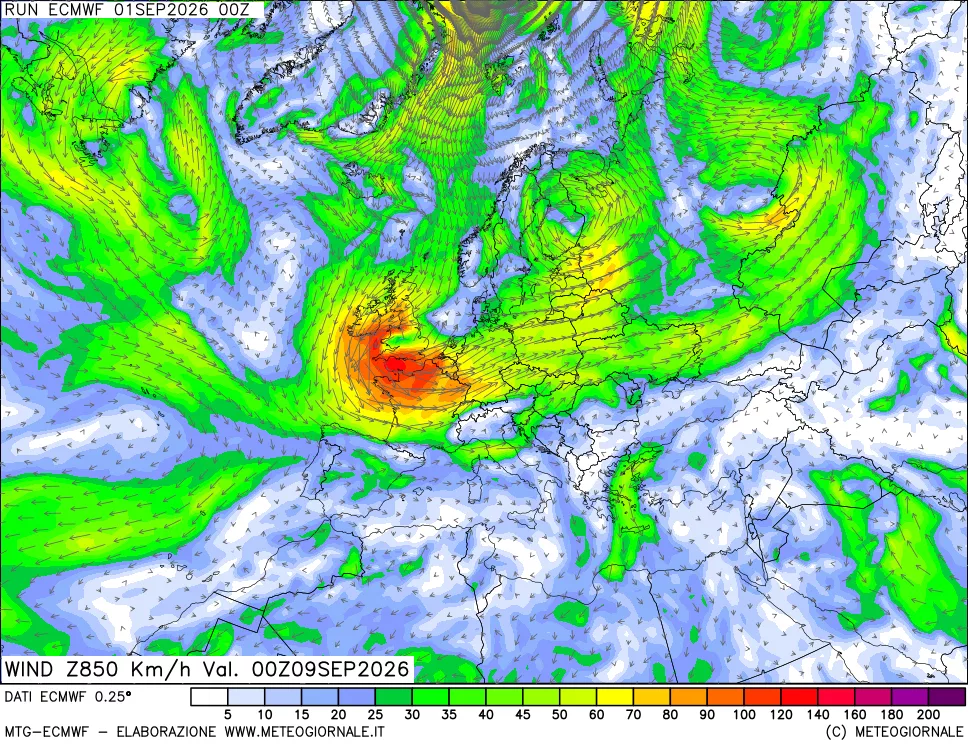 mappa Direzione e forza del vento a 850hPa