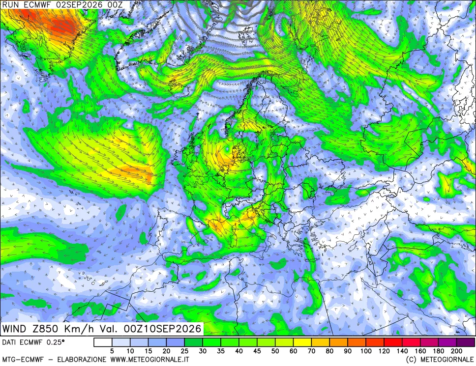 mappa Direzione e forza del vento a 850hPa
