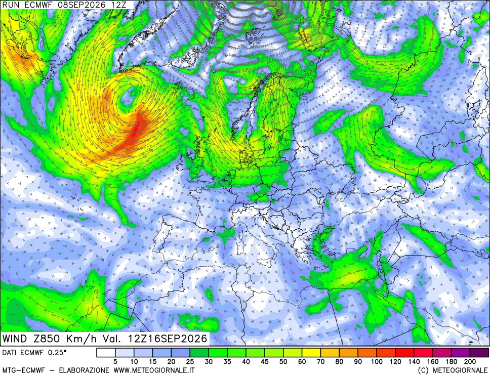 mappa Direzione e forza del vento a 850hPa
