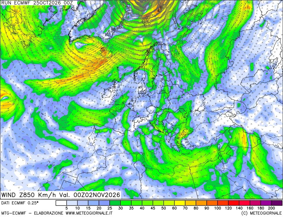 mappa Direzione e forza del vento a 850hPa