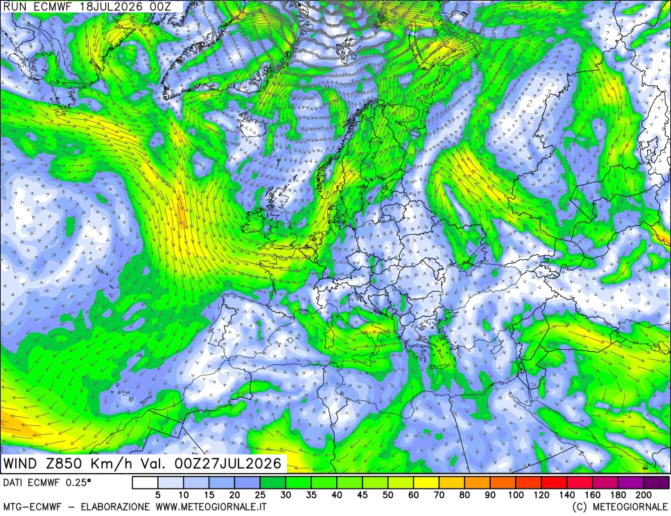 mappa Direzione e forza del vento a 850hPa