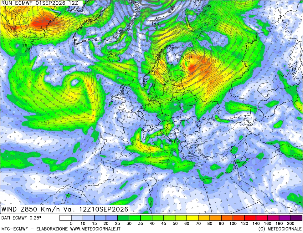 mappa Direzione e forza del vento a 850hPa