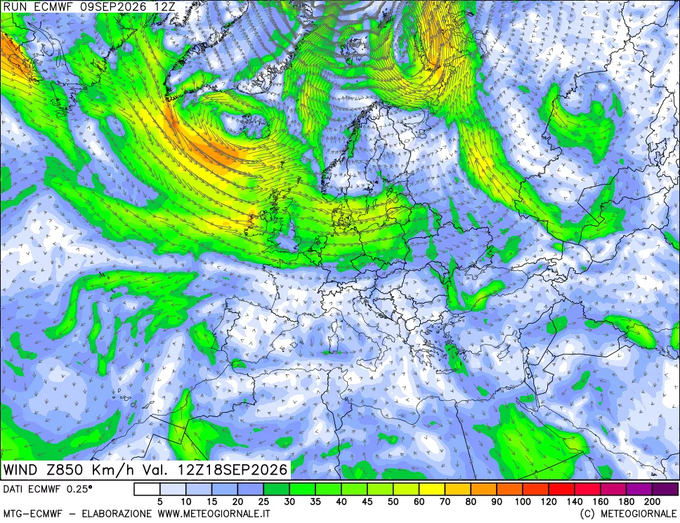 mappa Direzione e forza del vento a 850hPa