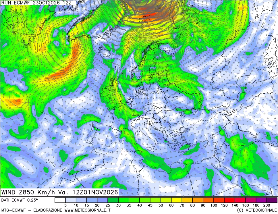 mappa Direzione e forza del vento a 850hPa