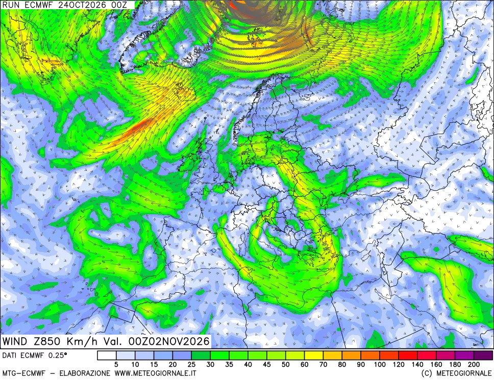 mappa Direzione e forza del vento a 850hPa