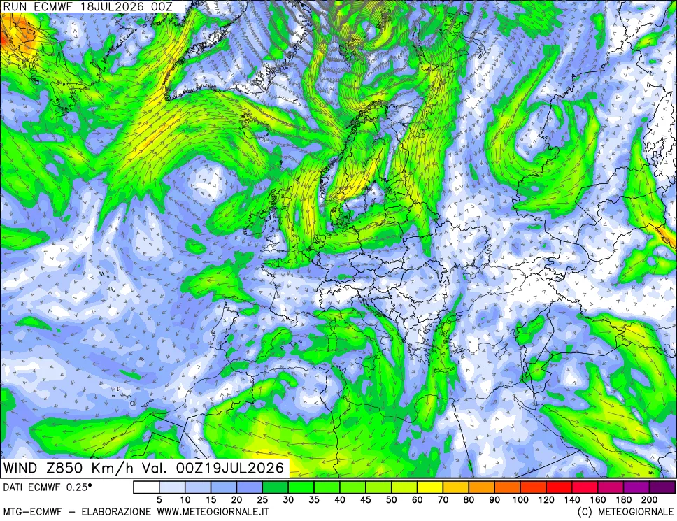 mappa Direzione e forza del vento a 850hPa
