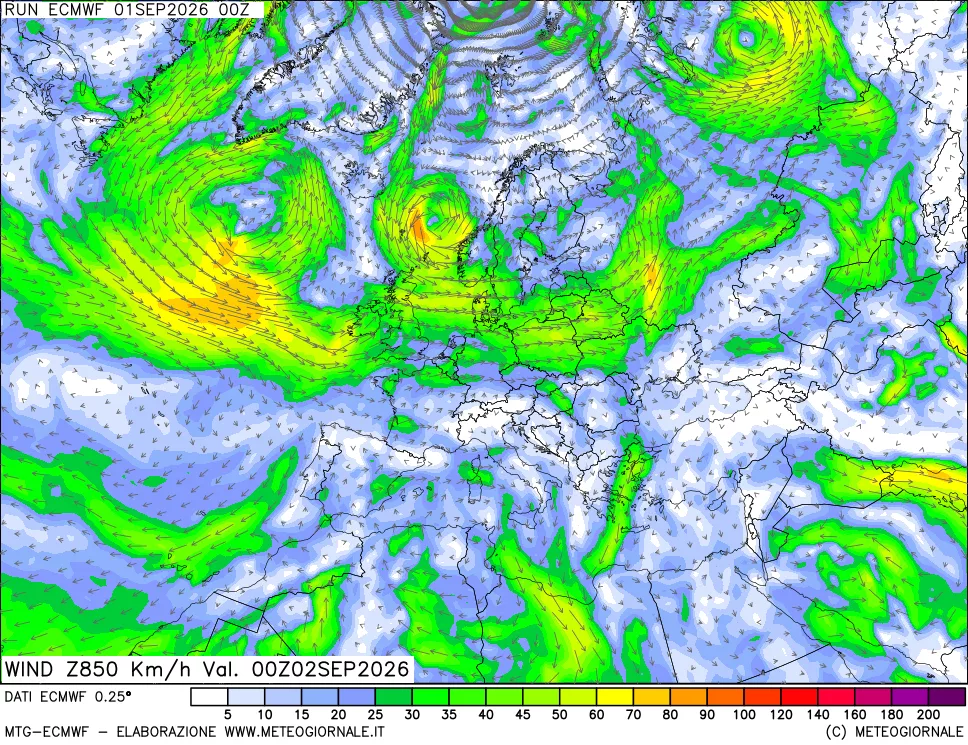 mappa Direzione e forza del vento a 850hPa