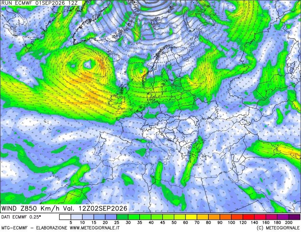 mappa Direzione e forza del vento a 850hPa