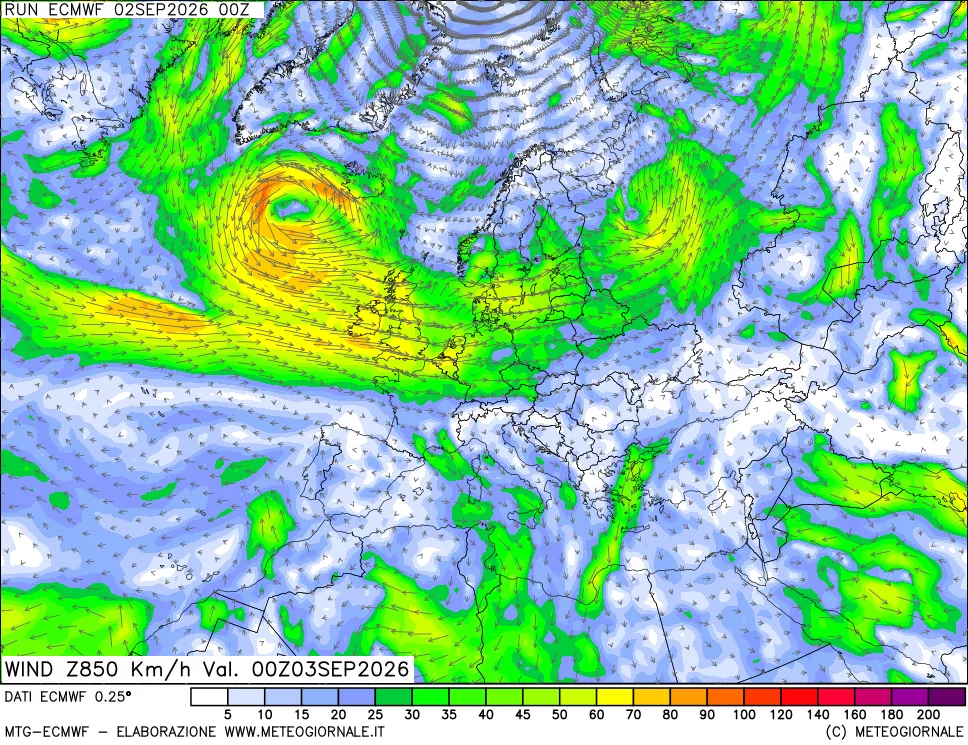 mappa Direzione e forza del vento a 850hPa