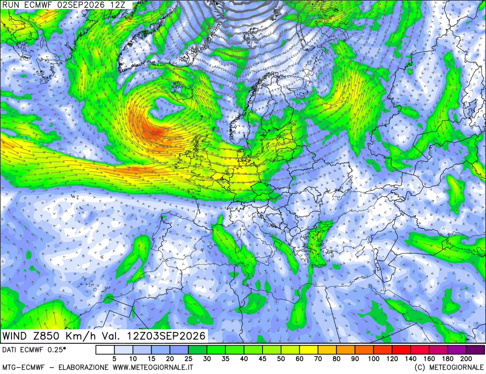mappa Direzione e forza del vento a 850hPa