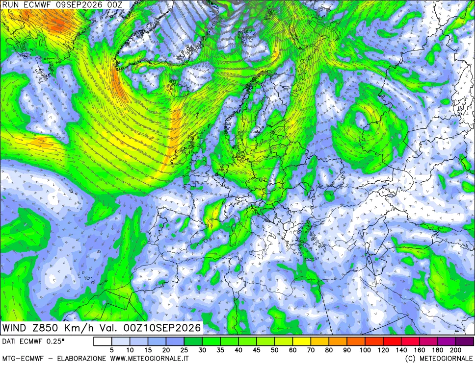 mappa Direzione e forza del vento a 850hPa