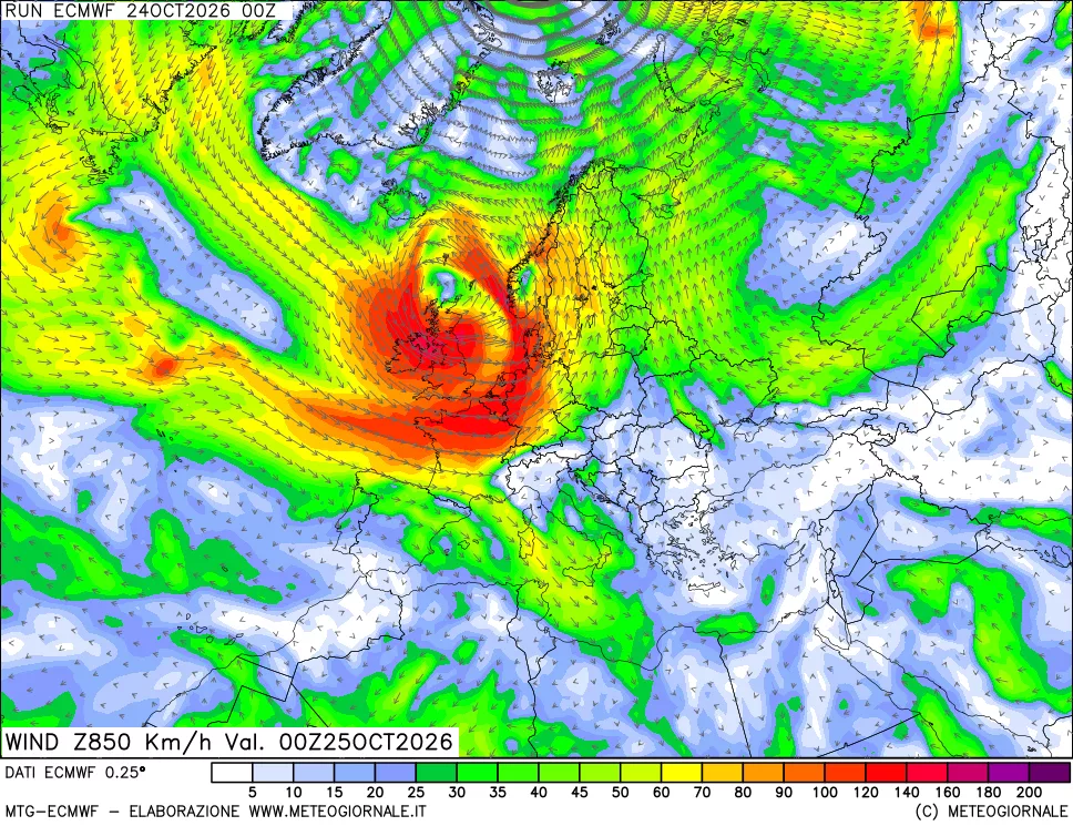 mappa Direzione e forza del vento a 850hPa