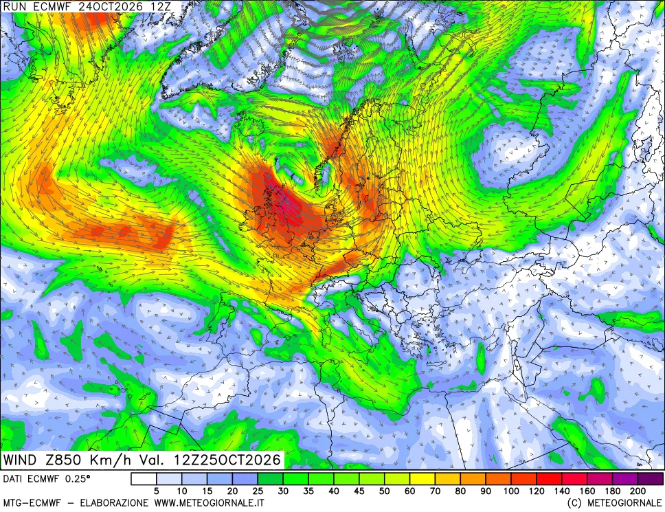 mappa Direzione e forza del vento a 850hPa