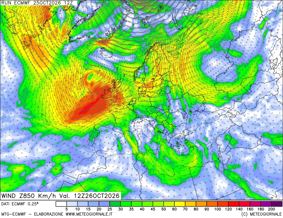 mappa Direzione e forza del vento a 850hPa