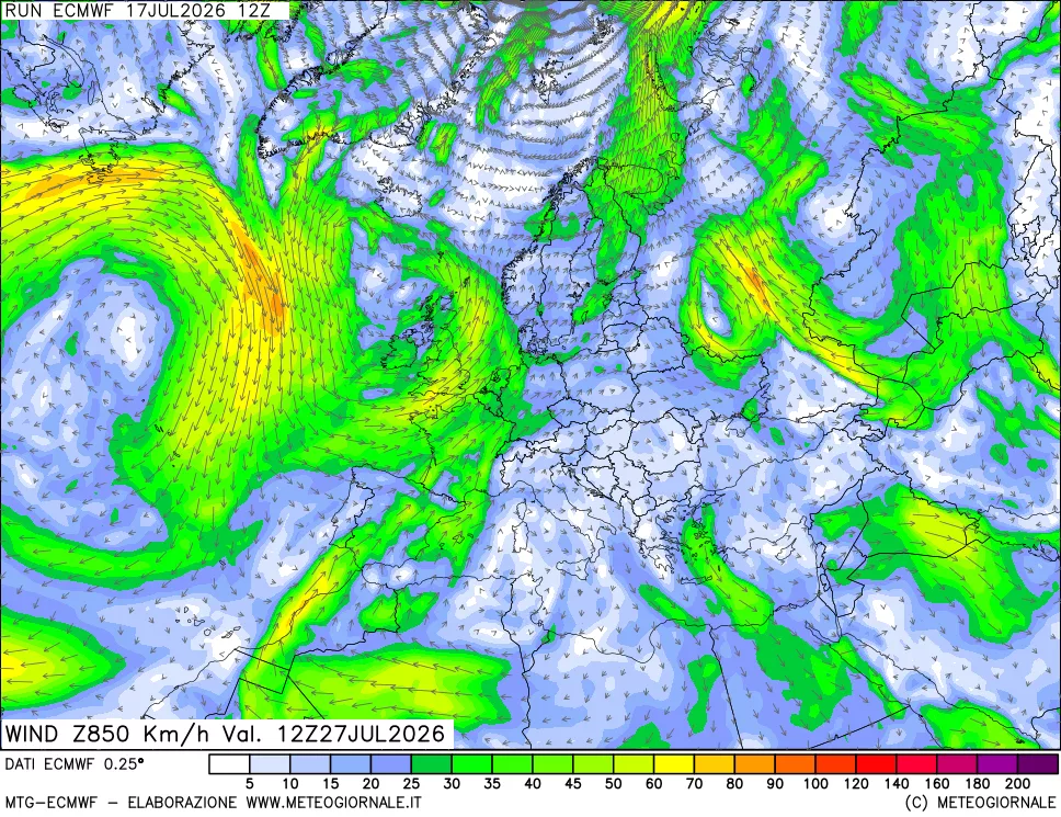 mappa Direzione e forza del vento a 850hPa