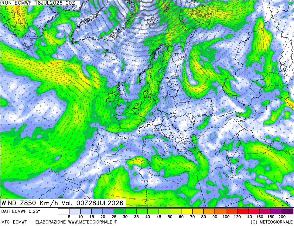 mappa Direzione e forza del vento a 850hPa