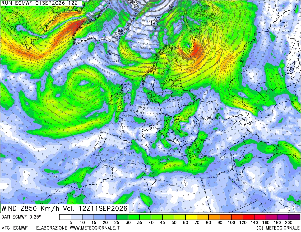 mappa Direzione e forza del vento a 850hPa