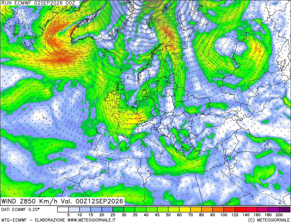 mappa Direzione e forza del vento a 850hPa