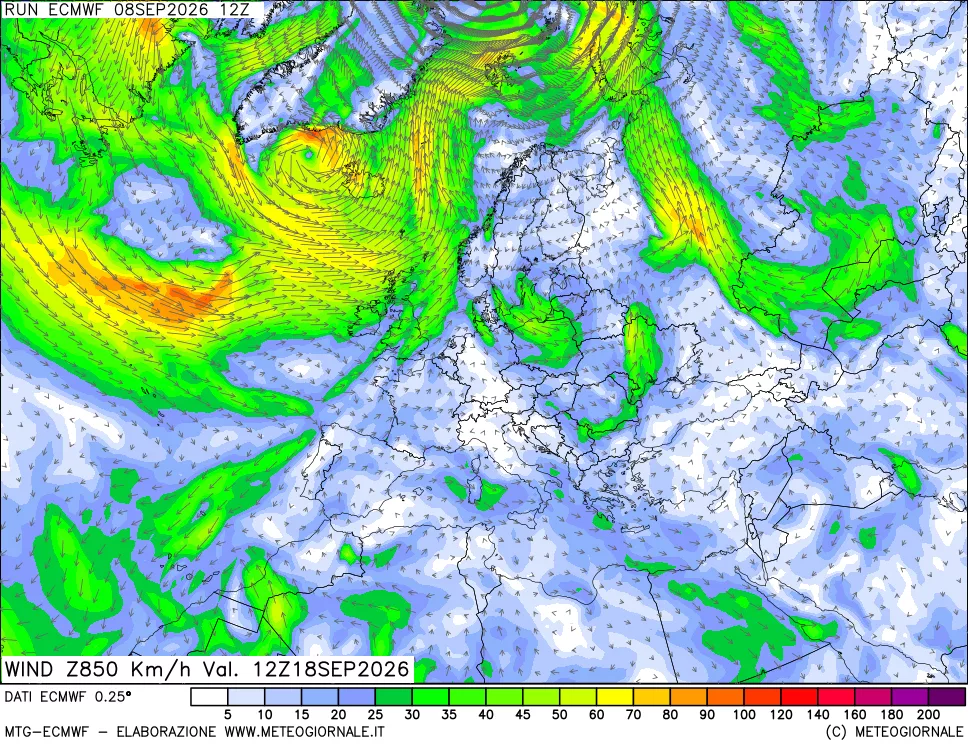 mappa Direzione e forza del vento a 850hPa