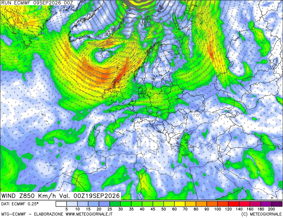 mappa Direzione e forza del vento a 850hPa