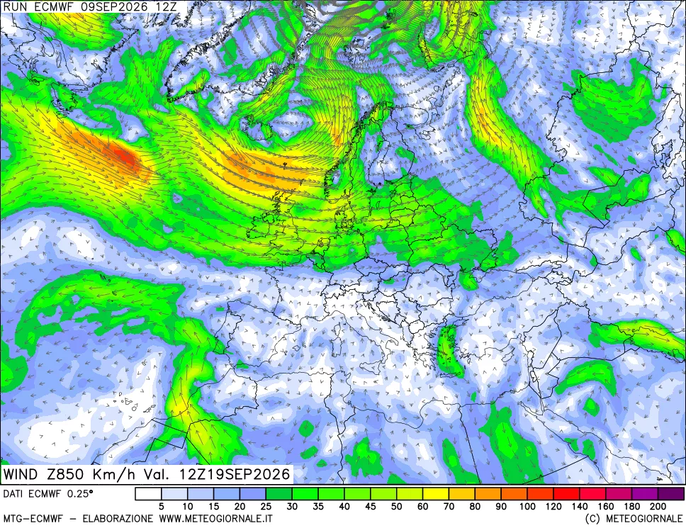 mappa Direzione e forza del vento a 850hPa