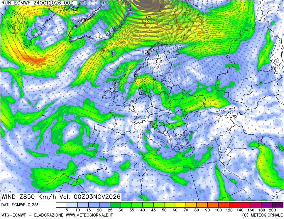 mappa Direzione e forza del vento a 850hPa