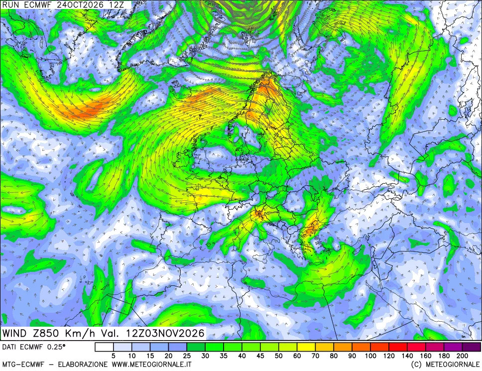 mappa Direzione e forza del vento a 850hPa