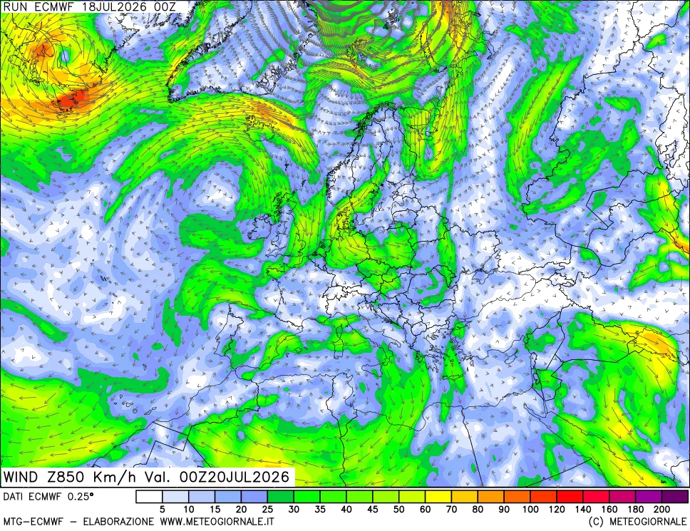 mappa Direzione e forza del vento a 850hPa
