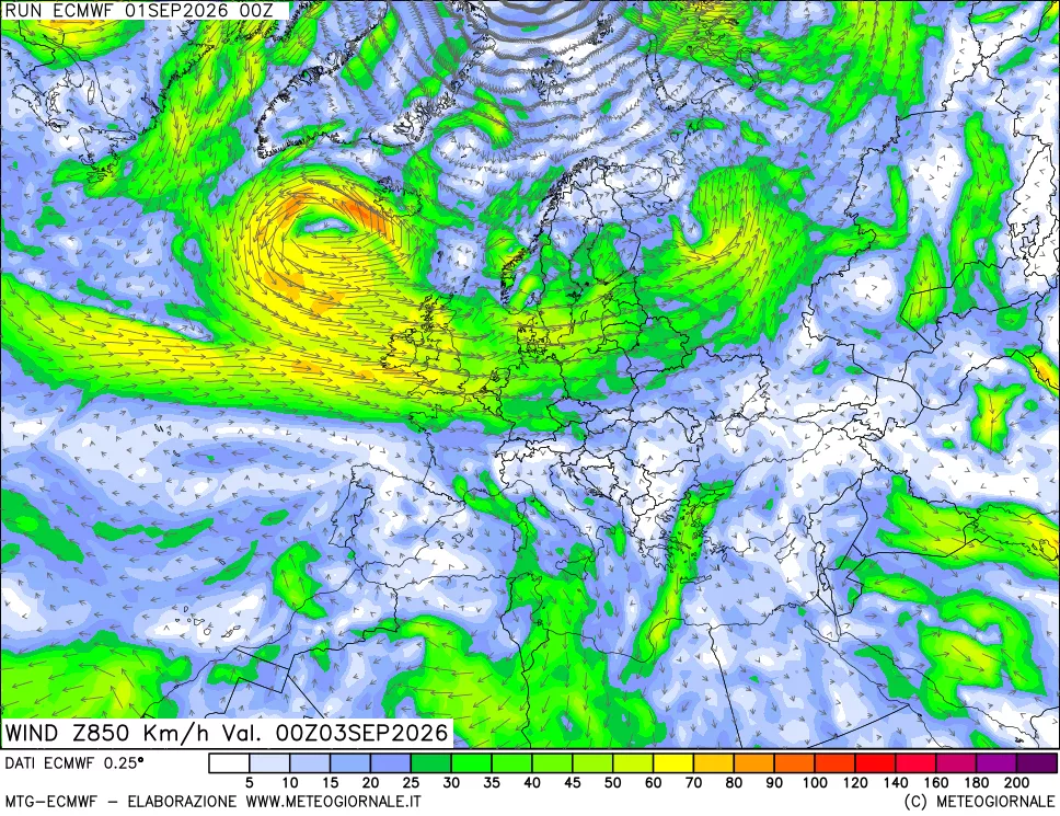mappa Direzione e forza del vento a 850hPa