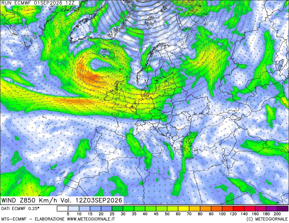mappa Direzione e forza del vento a 850hPa