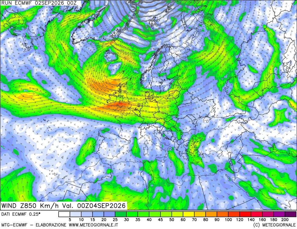 mappa Direzione e forza del vento a 850hPa