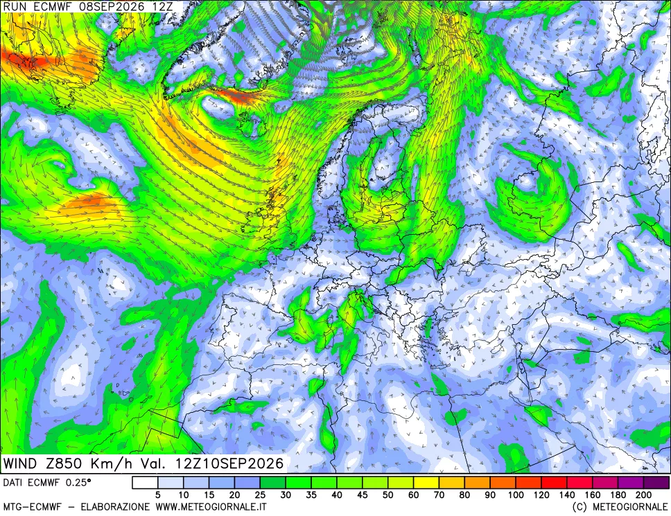 mappa Direzione e forza del vento a 850hPa