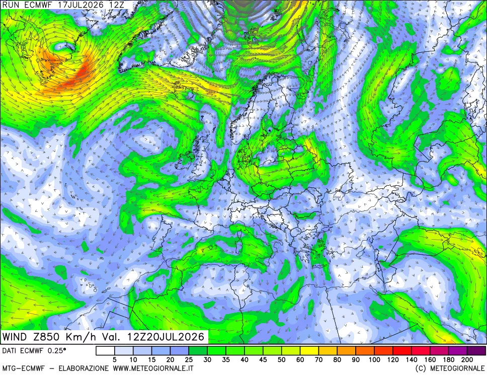 mappa Direzione e forza del vento a 850hPa