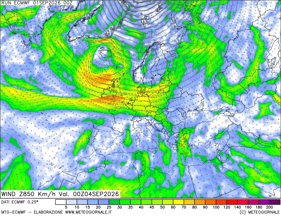 mappa Direzione e forza del vento a 850hPa