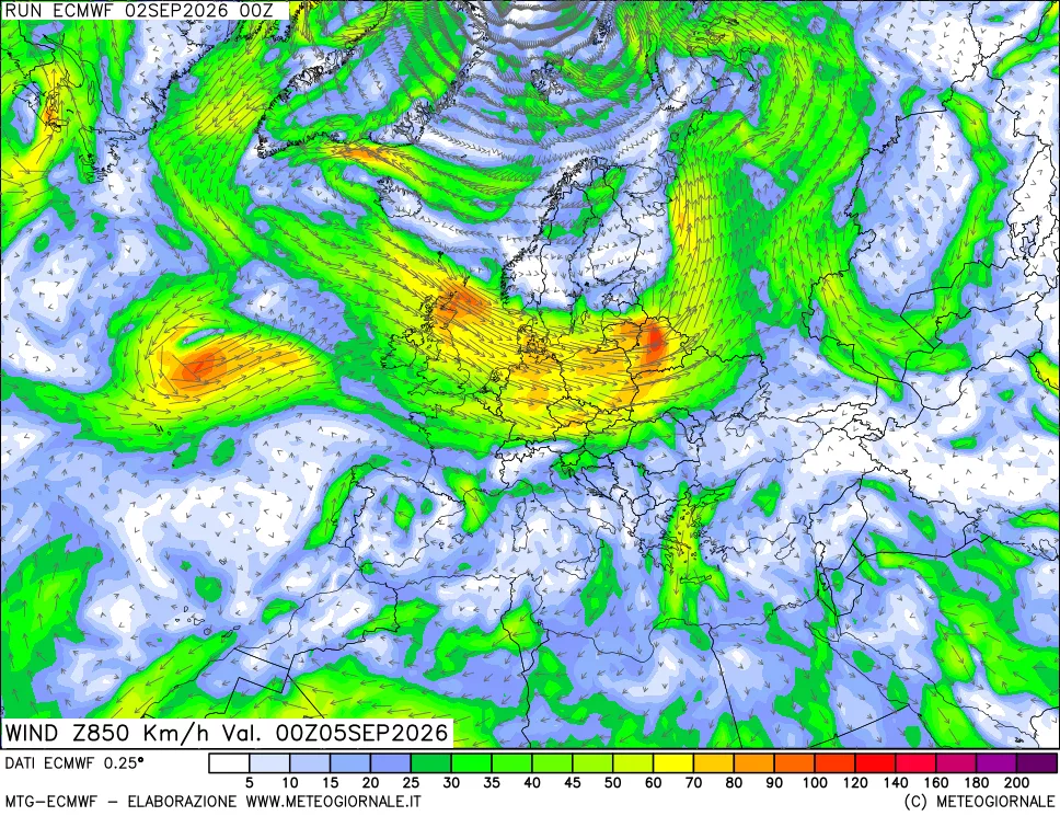 mappa Direzione e forza del vento a 850hPa