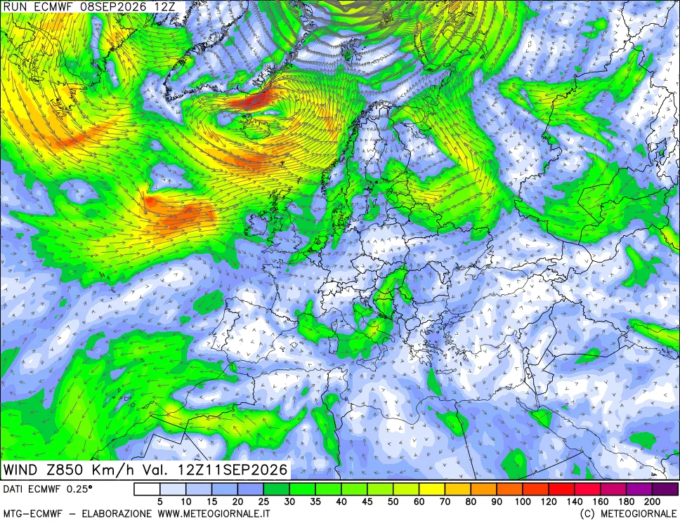 mappa Direzione e forza del vento a 850hPa